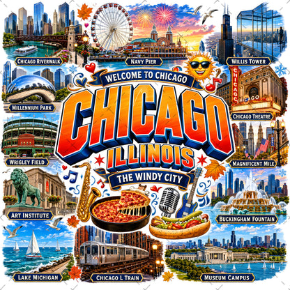 Chicago Illinois Landmarks PNG Travel Collage Digital Download Sublimation Print Commercial Use POD, sublimation png, tshirt design, pod design, PNG, digital download, high resolution