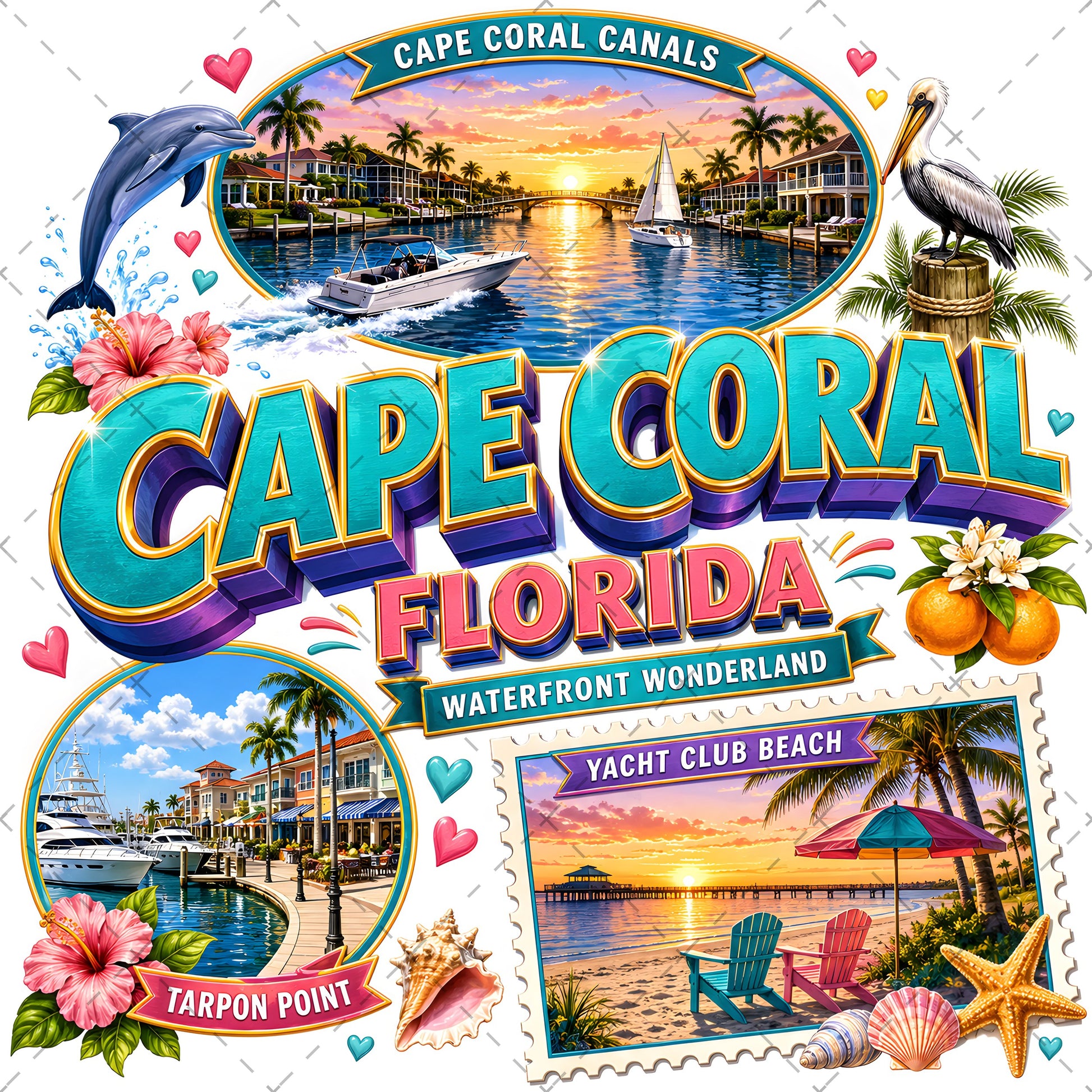 Cape Coral Florida Waterfront Travel Collage PNG | Souvenir Art Sublimation Print | Commercial Use POD T-Shirt Mug Desig