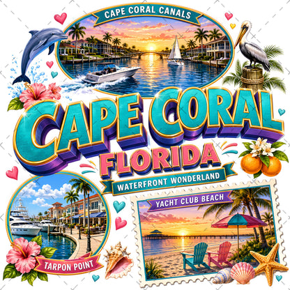 Cape Coral Florida Waterfront Travel Collage PNG | Souvenir Art Sublimation Print | Commercial Use POD T-Shirt Mug Desig