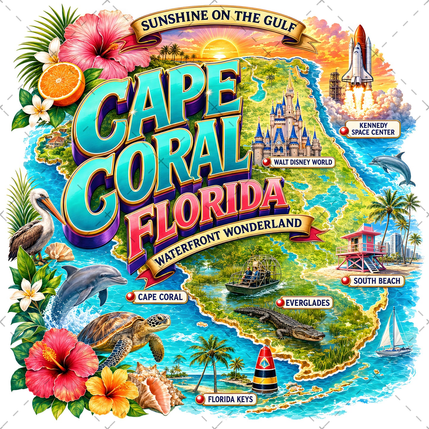 Cape Coral Florida Waterfront Travel Collage PNG | Souvenir Art Sublimation Print | Commercial Use POD T-Shirt Mug Desig