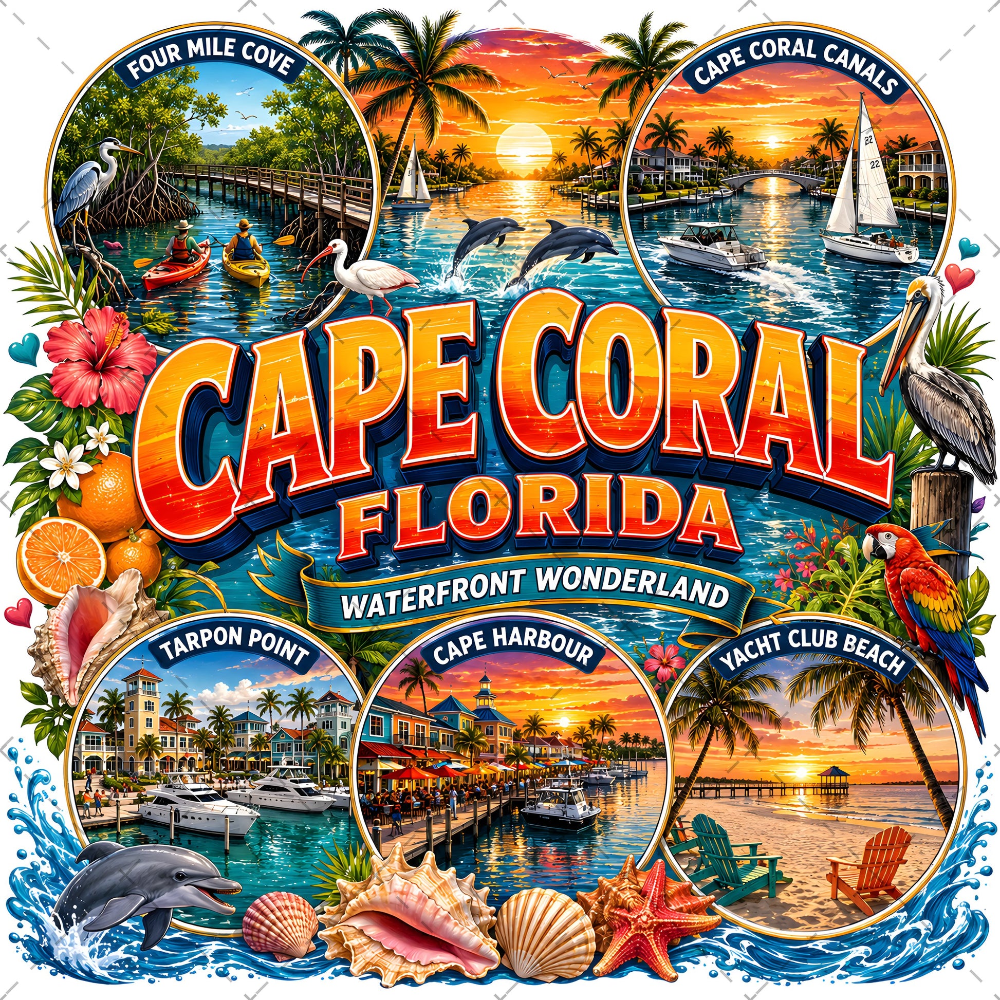 Cape Coral Florida Waterfront Travel Collage PNG | Souvenir Art Sublimation Print | Commercial Use POD T-Shirt Mug Desig