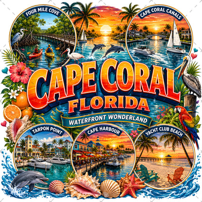 Cape Coral Florida Waterfront Travel Collage PNG | Souvenir Art Sublimation Print | Commercial Use POD T-Shirt Mug Desig