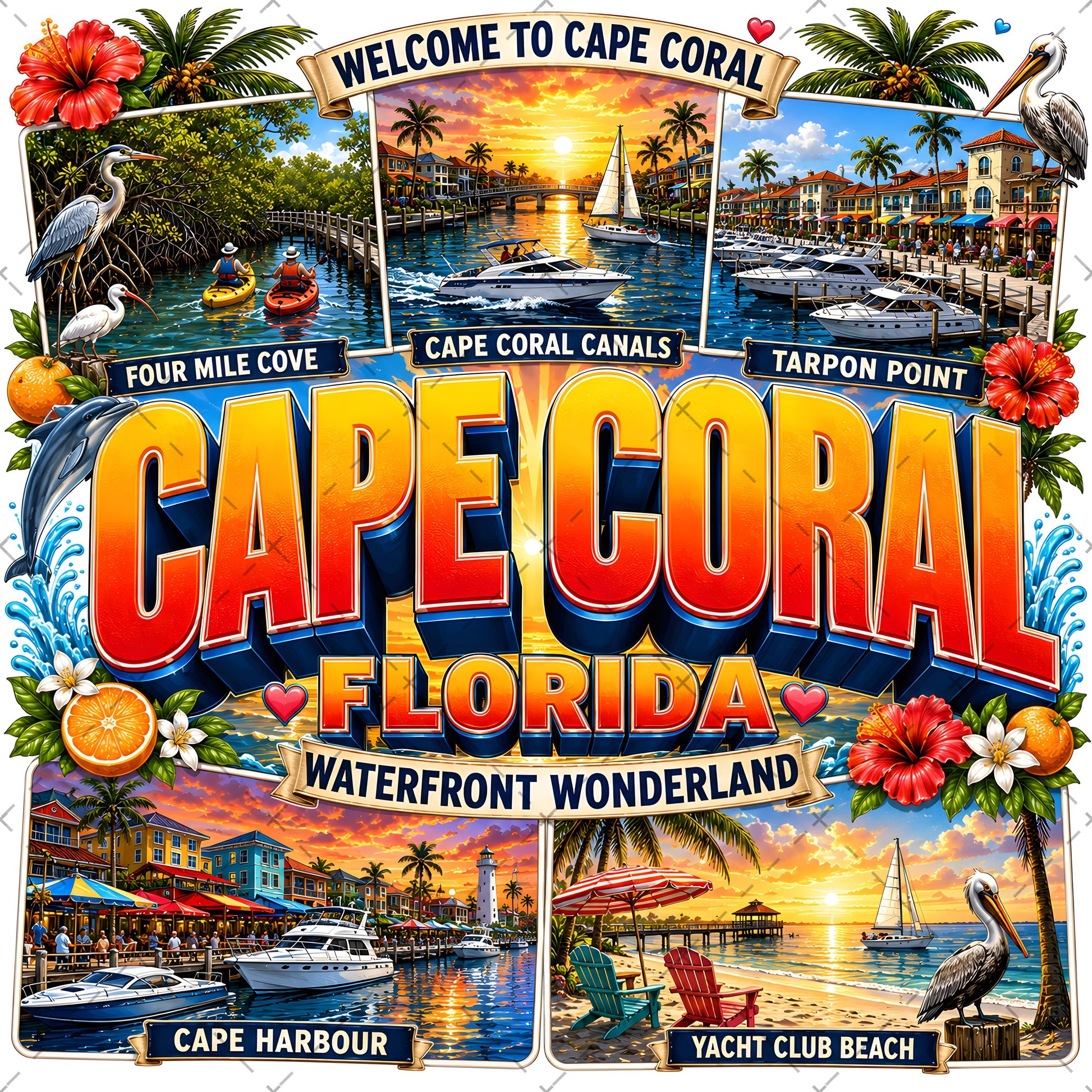 Cape Coral Florida Waterfront Travel Collage PNG | Souvenir Art Sublimation Print | Commercial Use POD T-Shirt Mug Desig
