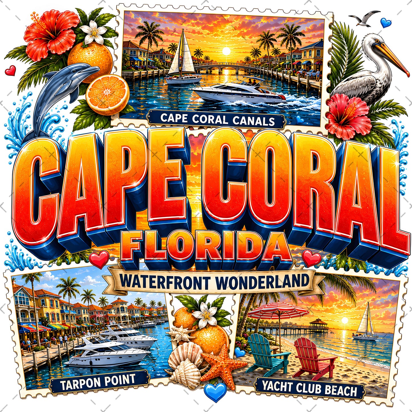 Cape Coral Florida Waterfront Travel Collage PNG | Souvenir Art Sublimation Print | Commercial Use POD T-Shirt Mug Desig