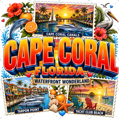 Cape Coral Florida Waterfront Travel Collage PNG | Souvenir Art Sublimation Print | Commercial Use POD T-Shirt Mug Desig