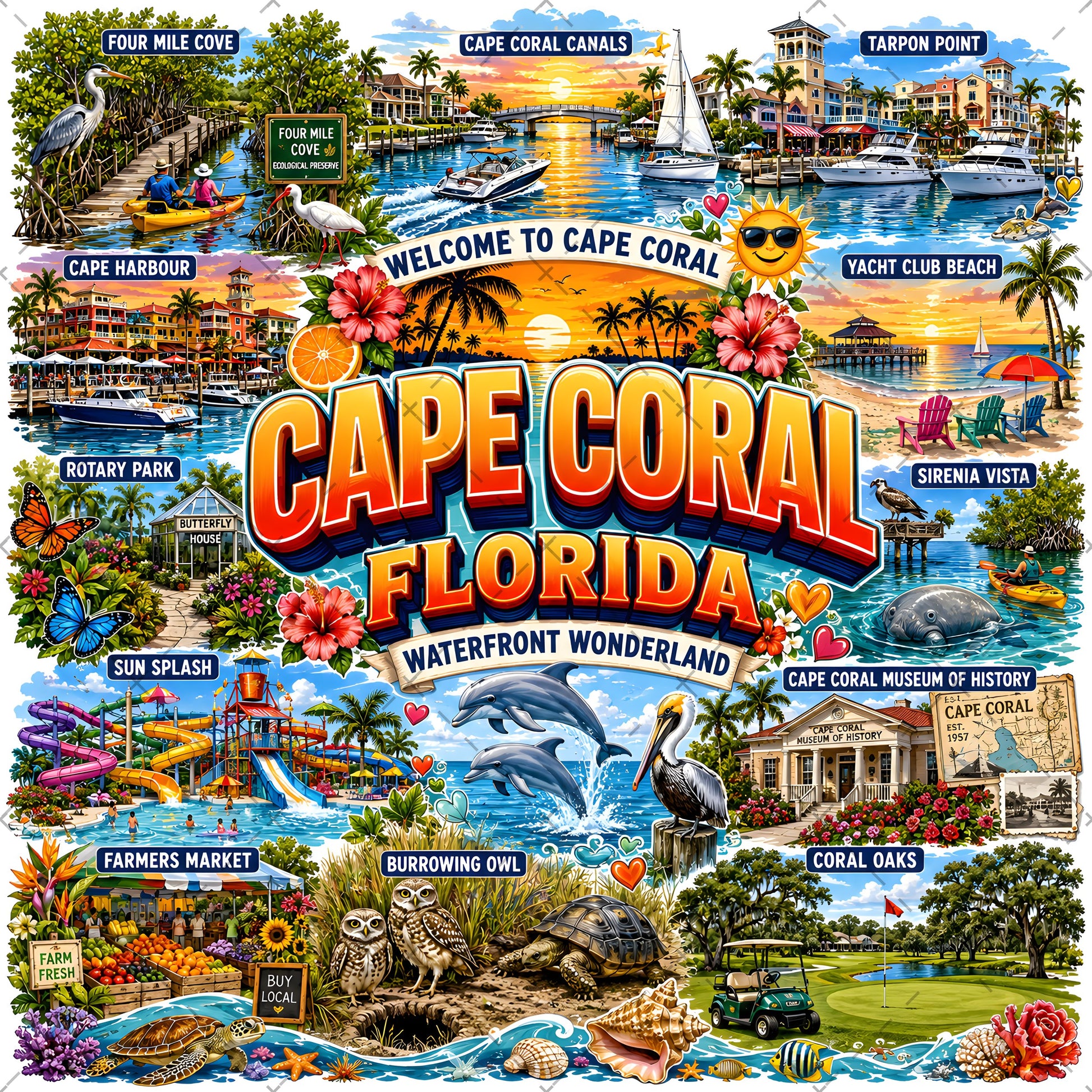 Cape Coral Florida Waterfront Travel Collage PNG | Souvenir Art Sublimation Print | Commercial Use POD T-Shirt Mug Desig