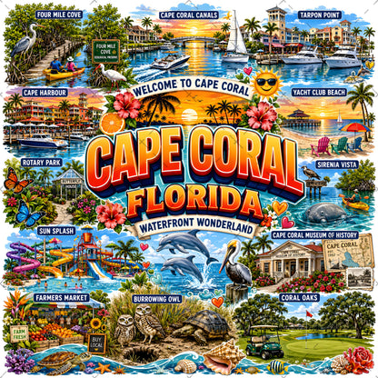 Cape Coral Florida Waterfront Travel Collage PNG | Souvenir Art Sublimation Print | Commercial Use POD T-Shirt Mug Desig