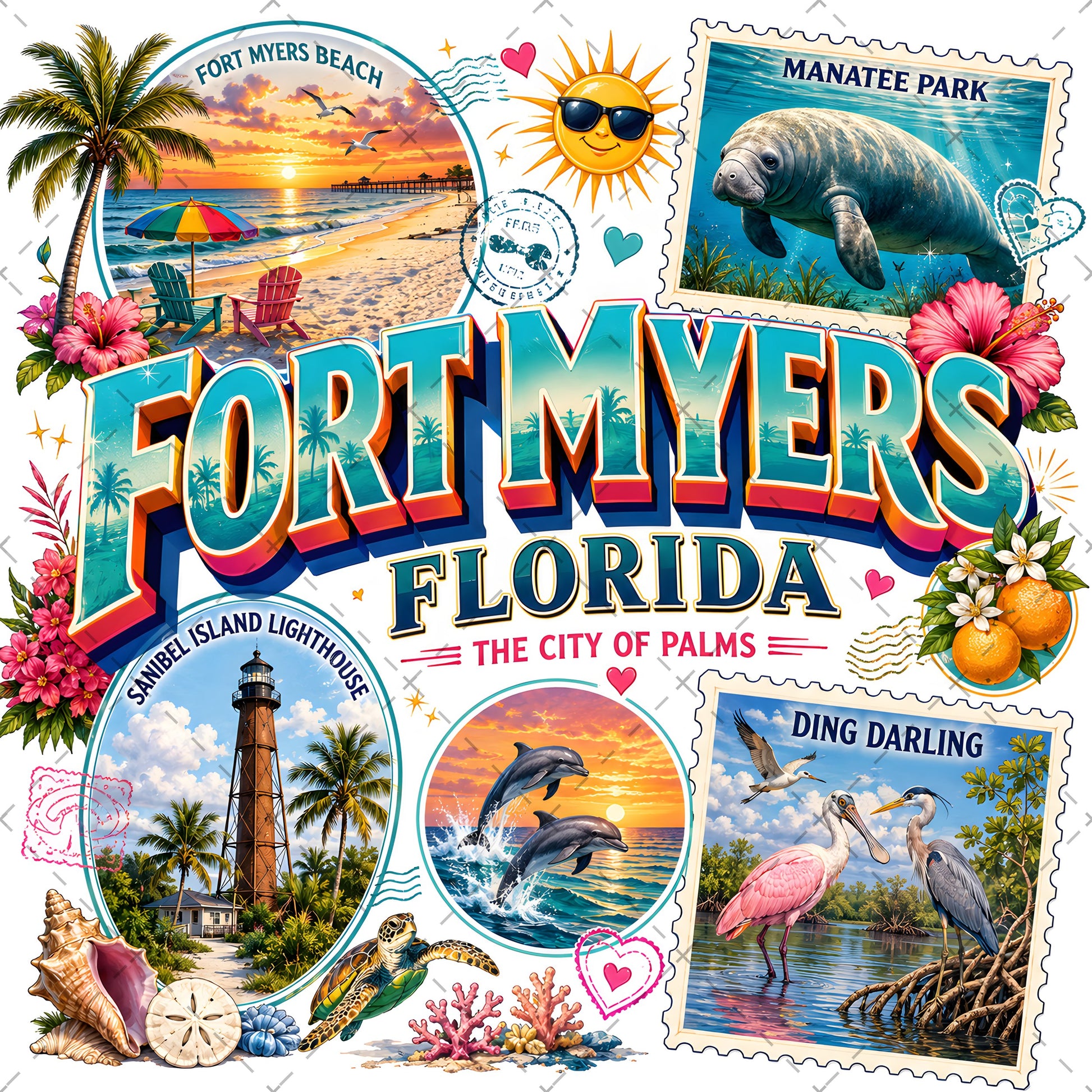Fort Myers Florida PNG | City of Palms Travel Landmark Collage | Sublimation Design | POD T-Shirt Mug Tumbler Print