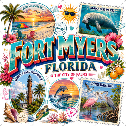 Fort Myers Florida PNG | City of Palms Travel Landmark Collage | Sublimation Design | POD T-Shirt Mug Tumbler Print