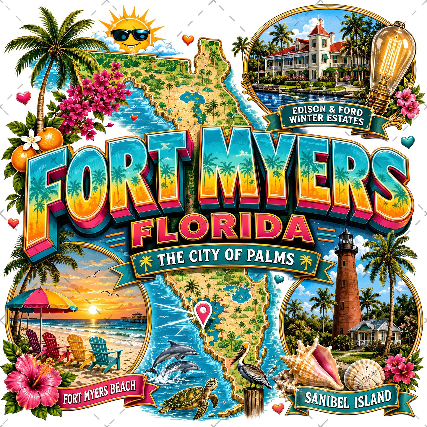 Fort Myers Florida PNG | City of Palms Travel Landmark Collage | Sublimation Design | POD T-Shirt Mug Tumbler Print