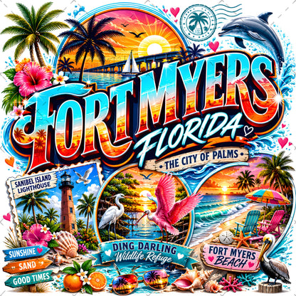 Fort Myers Florida PNG | City of Palms Travel Landmark Collage | Sublimation Design | POD T-Shirt Mug Tumbler Print