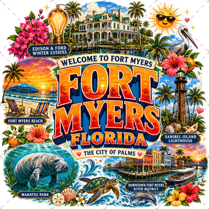 Fort Myers Florida PNG | City of Palms Travel Landmark Collage | Sublimation Design | POD T-Shirt Mug Tumbler Print