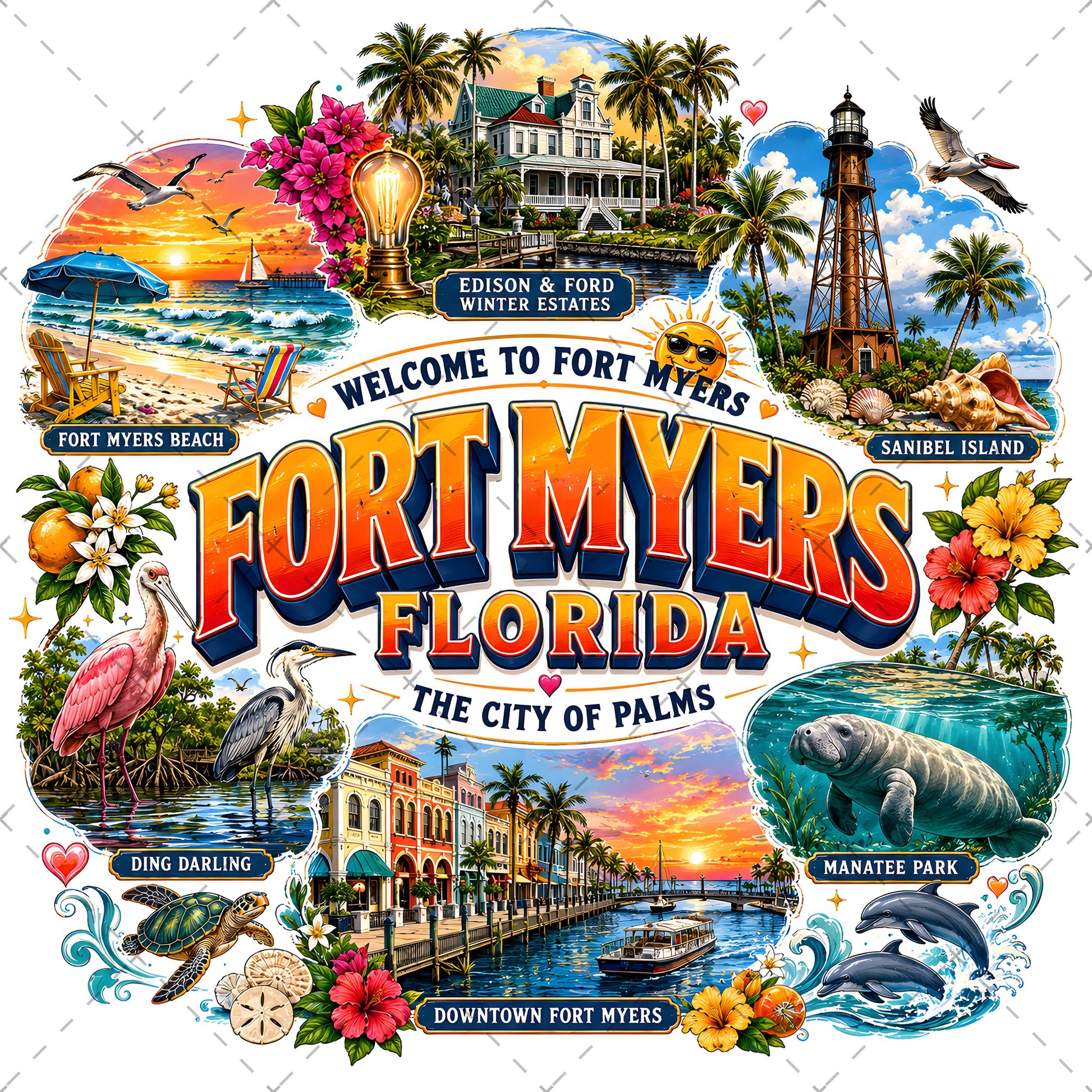 Fort Myers Florida PNG | City of Palms Travel Landmark Collage | Sublimation Design | POD T-Shirt Mug Tumbler Print