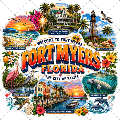 Fort Myers Florida PNG | City of Palms Travel Landmark Collage | Sublimation Design | POD T-Shirt Mug Tumbler Print