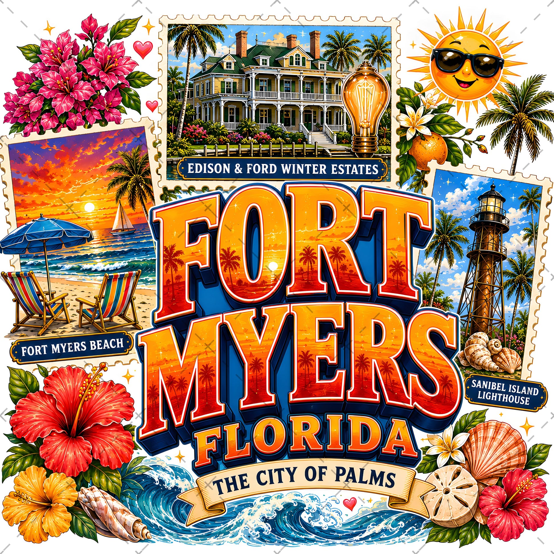 Fort Myers Florida PNG | City of Palms Travel Landmark Collage | Sublimation Design | POD T-Shirt Mug Tumbler Print