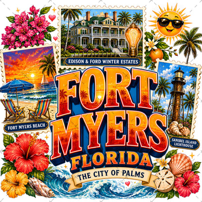 Fort Myers Florida PNG | City of Palms Travel Landmark Collage | Sublimation Design | POD T-Shirt Mug Tumbler Print