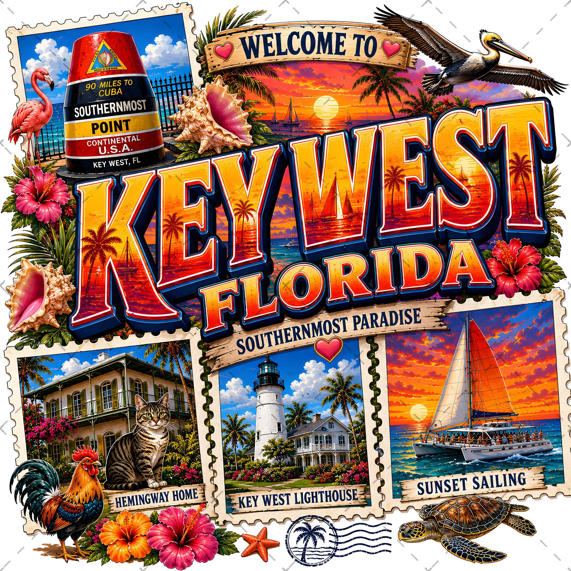 Key West Florida PNG Tropical Travel Collage Art Sublimation Design Printable Landmarks Wall Art Commercial Use
