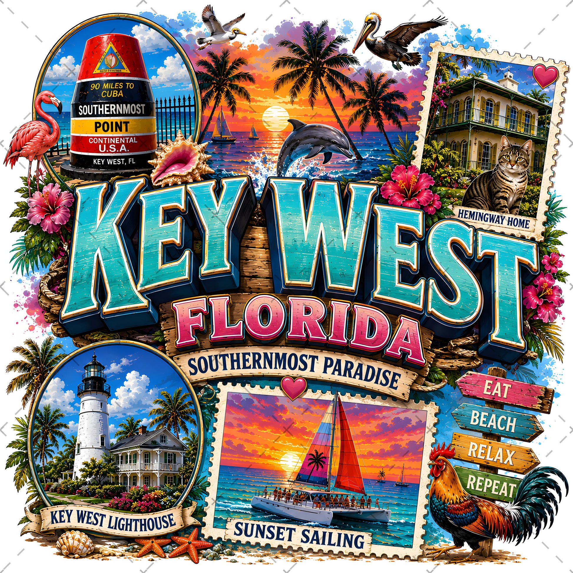 Key West Florida PNG Tropical Travel Collage Art Sublimation Design Printable Landmarks Wall Art Commercial Use