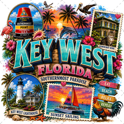 Key West Florida PNG Tropical Travel Collage Art Sublimation Design Printable Landmarks Wall Art Commercial Use