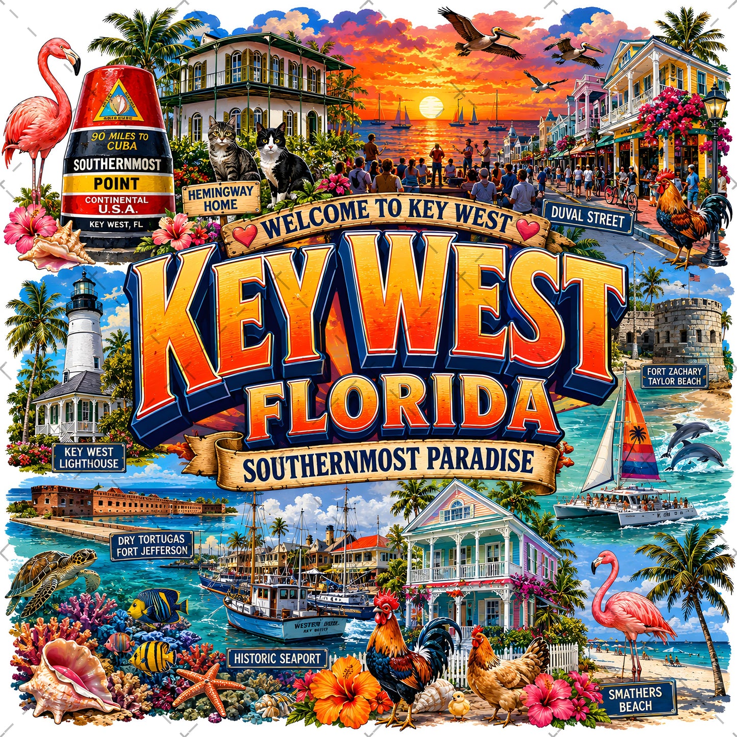 Key West Florida PNG Tropical Travel Collage Art Sublimation Design Printable Landmarks Wall Art Commercial Use