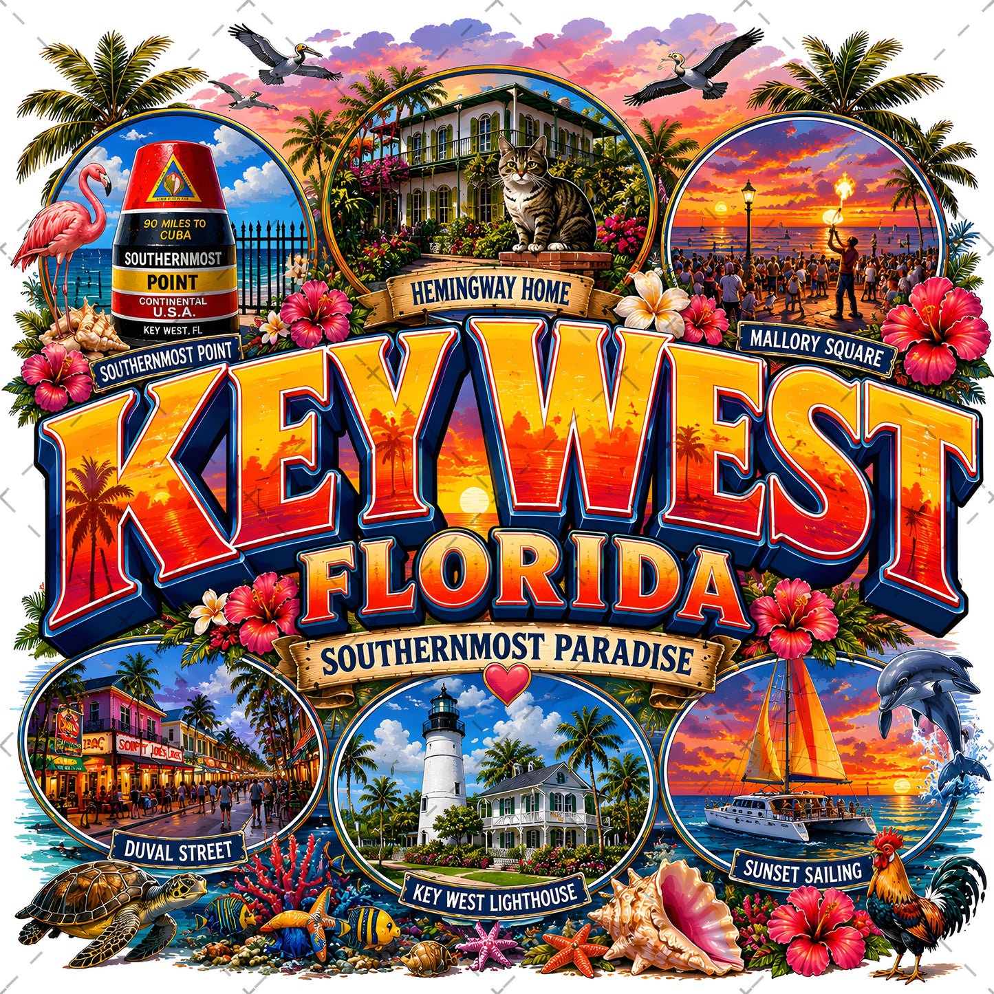 Key West Florida PNG Tropical Travel Collage Art Sublimation Design Printable Landmarks Wall Art Commercial Use