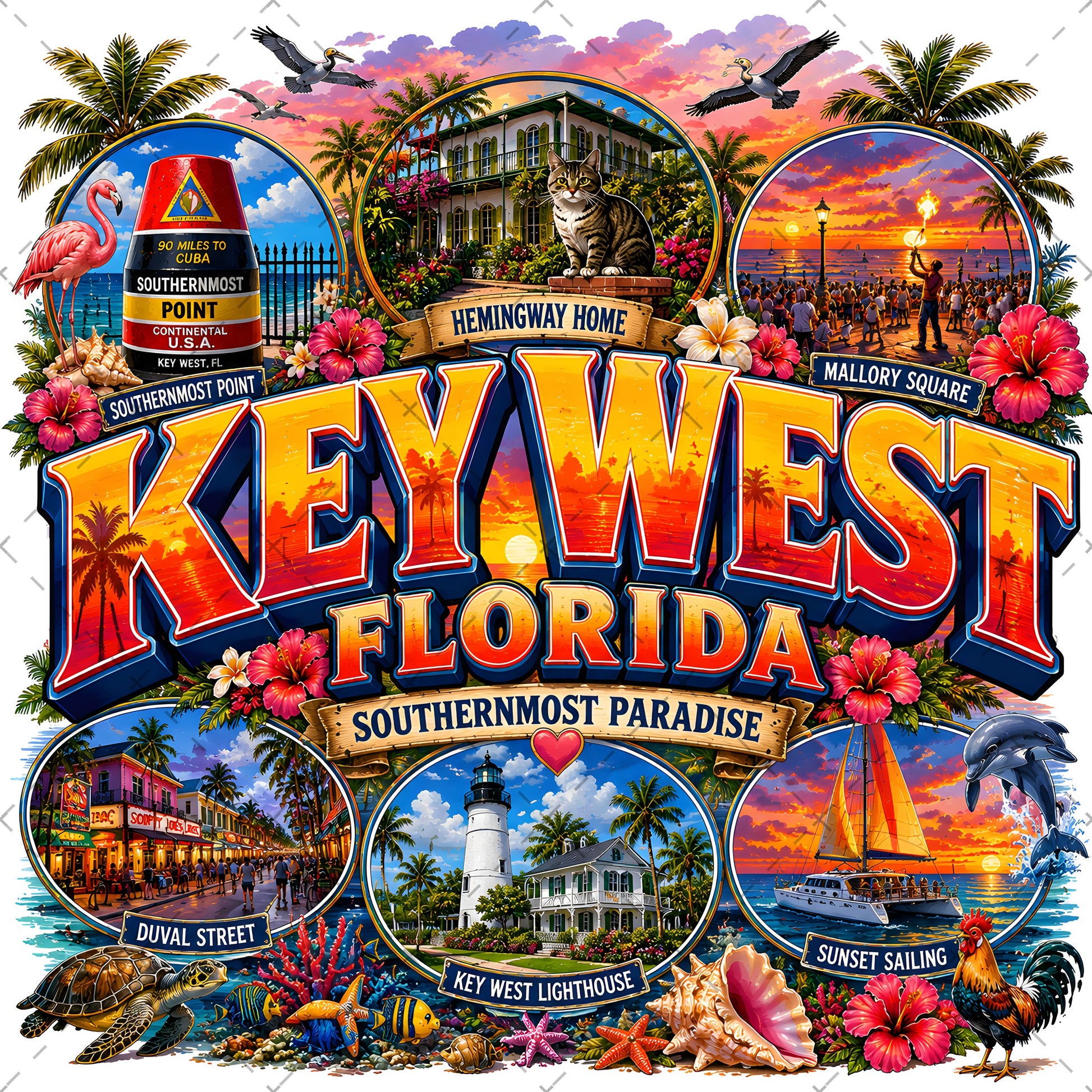 Key West Florida PNG Tropical Travel Collage Art Sublimation Design Printable Landmarks Wall Art Commercial Use