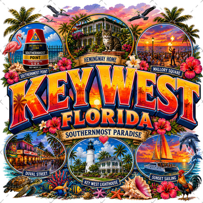 Key West Florida PNG Tropical Travel Collage Art Sublimation Design Printable Landmarks Wall Art Commercial Use