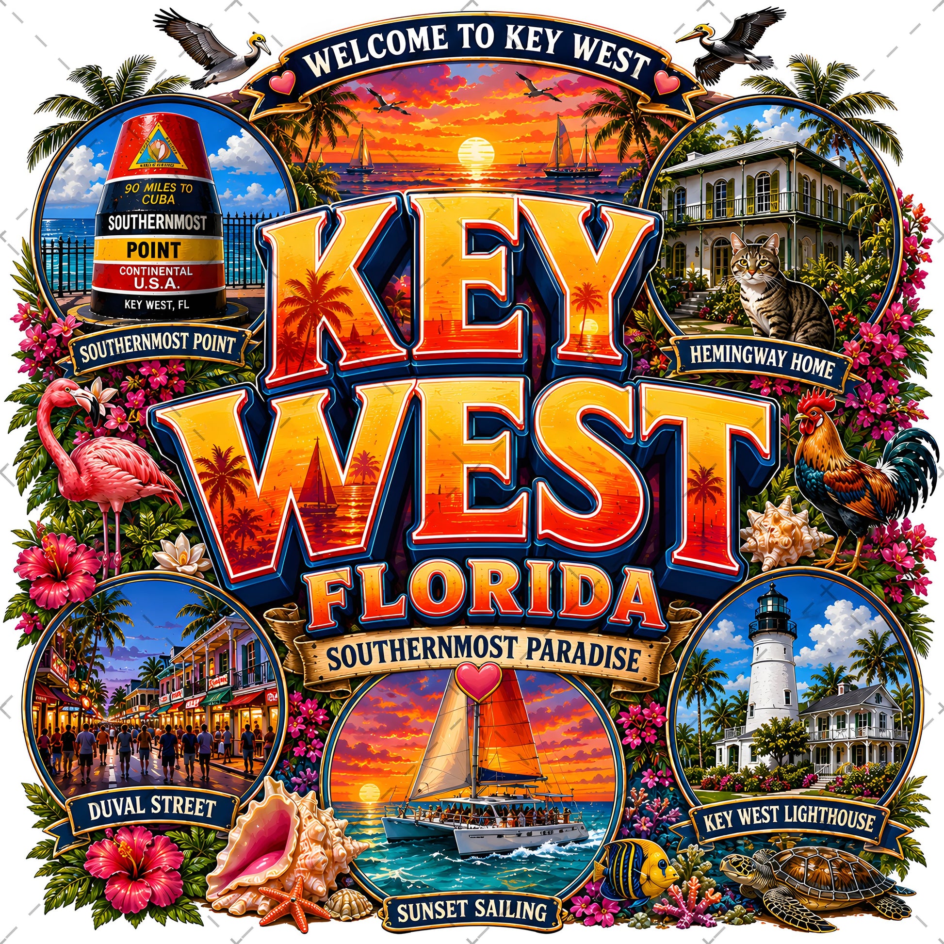 Key West Florida PNG Tropical Travel Collage Art Sublimation Design Printable Landmarks Wall Art Commercial Use