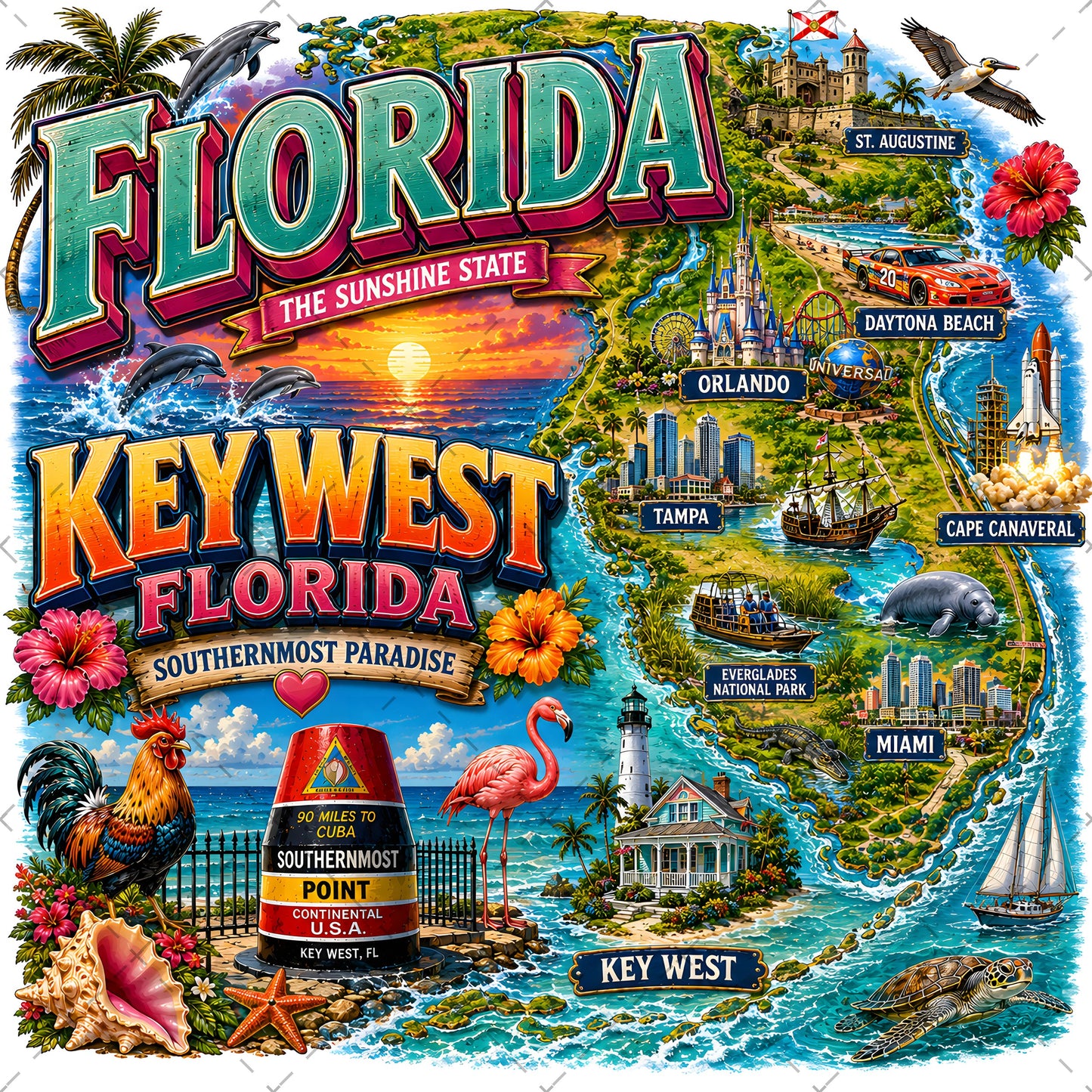 Key West Florida PNG Tropical Travel Collage Art Sublimation Design Printable Landmarks Wall Art Commercial Use