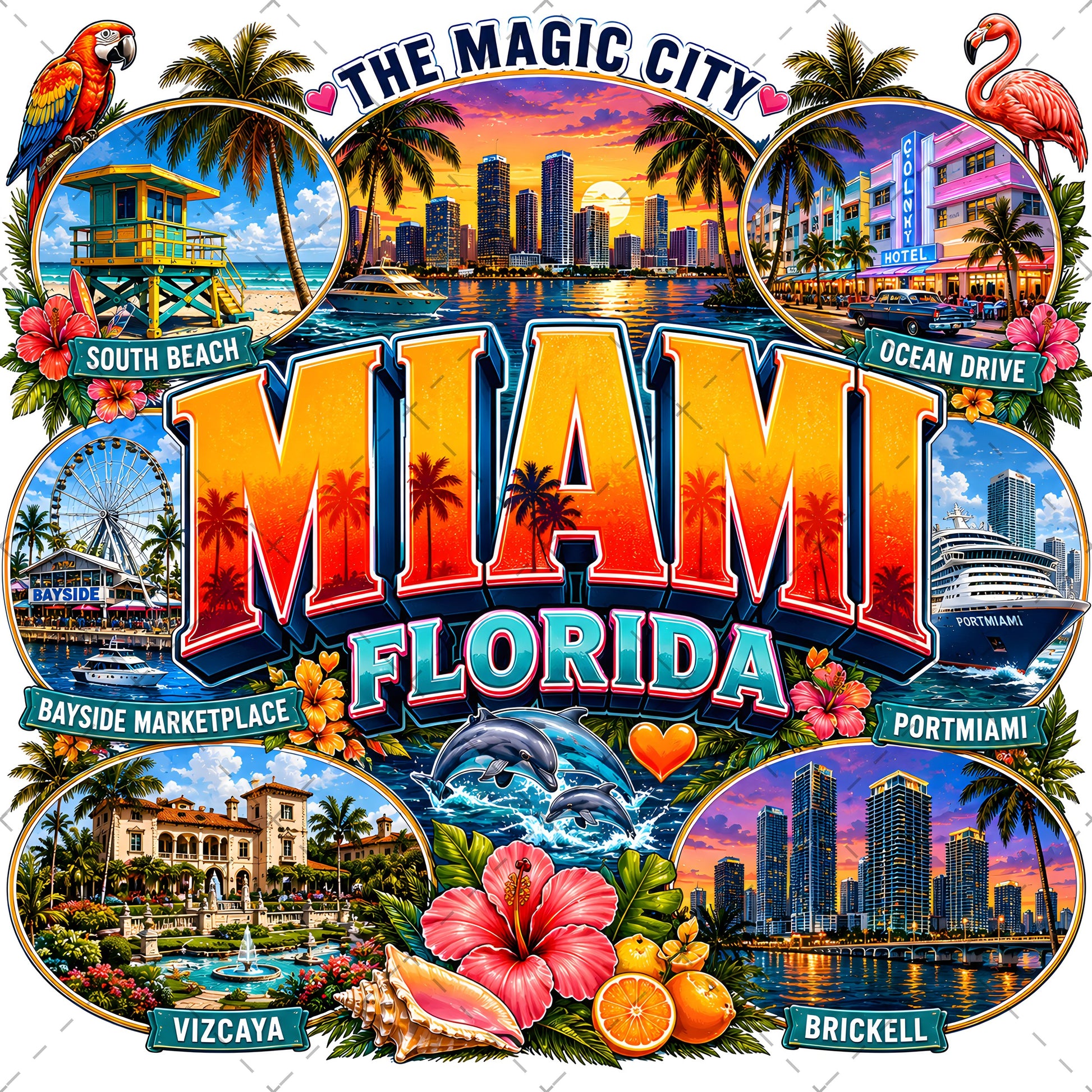 Miami Florida Travel Poster, Vibrant City Landmarks Collage Printable Wall Art, Commercial Use PNG Sublimation Design
