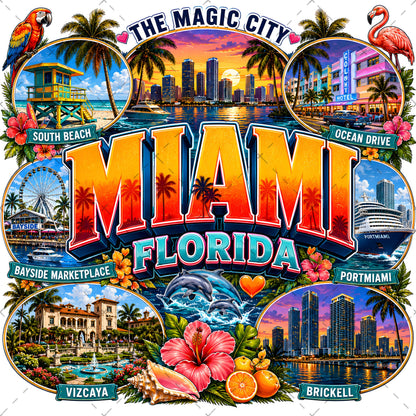 Miami Florida Travel Poster, Vibrant City Landmarks Collage Printable Wall Art, Commercial Use PNG Sublimation Design