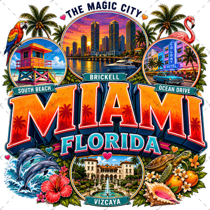 Miami Florida Travel Poster, Vibrant City Landmarks Collage Printable Wall Art, Commercial Use PNG Sublimation Design
