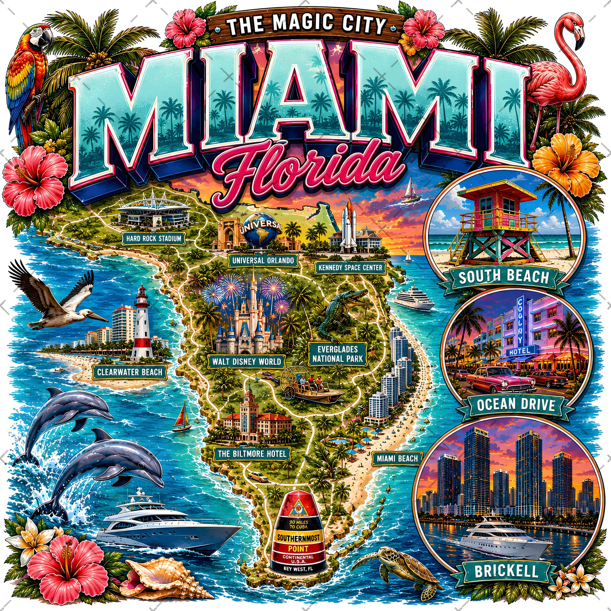 Miami Florida Travel Poster, Vibrant City Landmarks Collage Printable Wall Art, Commercial Use PNG Sublimation Design