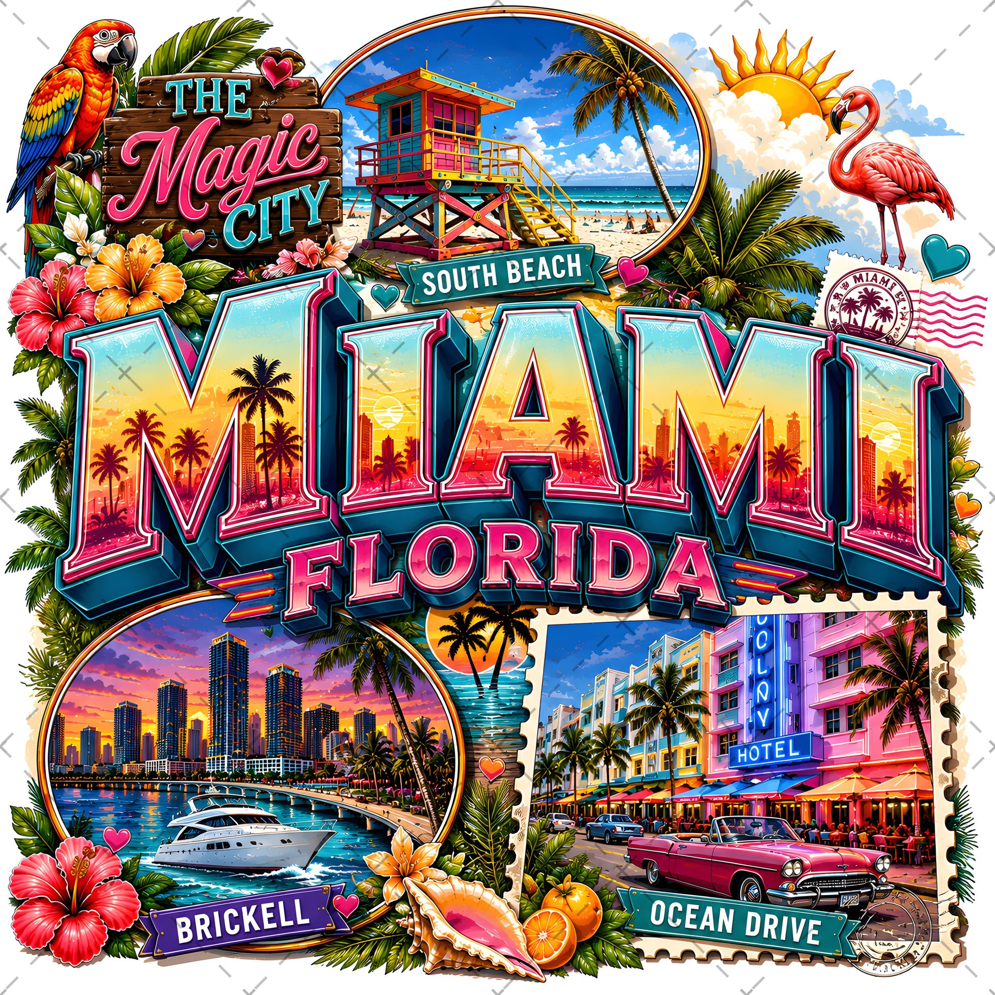 Miami Florida Travel Poster, Vibrant City Landmarks Collage Printable Wall Art, Commercial Use PNG Sublimation Design
