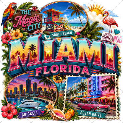 Miami Florida Travel Poster, Vibrant City Landmarks Collage Printable Wall Art, Commercial Use PNG Sublimation Design