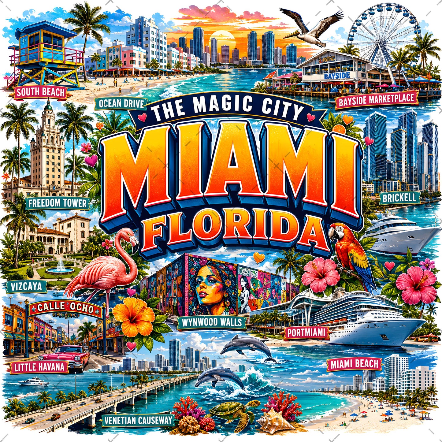 Miami Florida Travel Poster, Vibrant City Landmarks Collage Printable Wall Art, Commercial Use PNG Sublimation Design