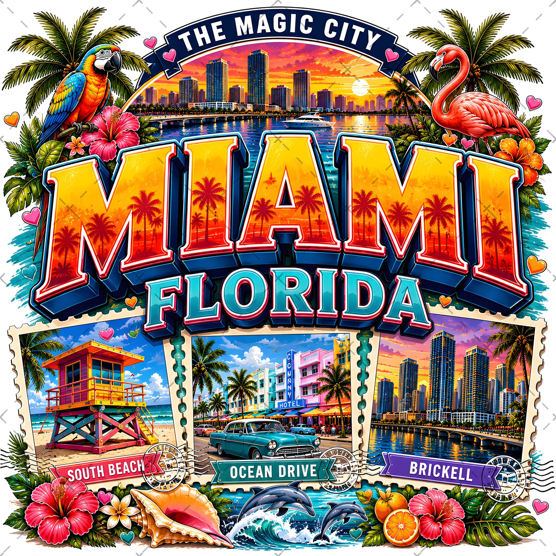 Miami Florida Travel Poster, Vibrant City Landmarks Collage Printable Wall Art, Commercial Use PNG Sublimation Design