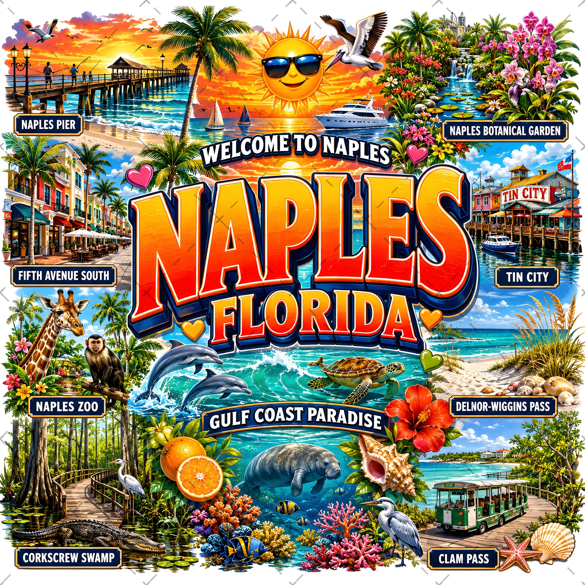 Naples Florida PNG Gulf Coast Landmarks Travel Souvenir Collage Sublimation T-Shirt Design Commercial Use Download