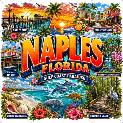 Naples Florida PNG Gulf Coast Landmarks Travel Souvenir Collage Sublimation T-Shirt Design Commercial Use Download