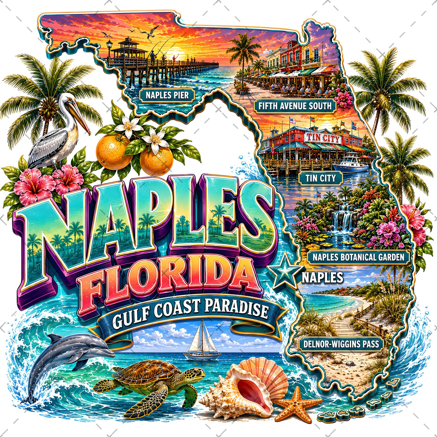 Naples Florida PNG Gulf Coast Landmarks Travel Souvenir Collage Sublimation T-Shirt Design Commercial Use Download