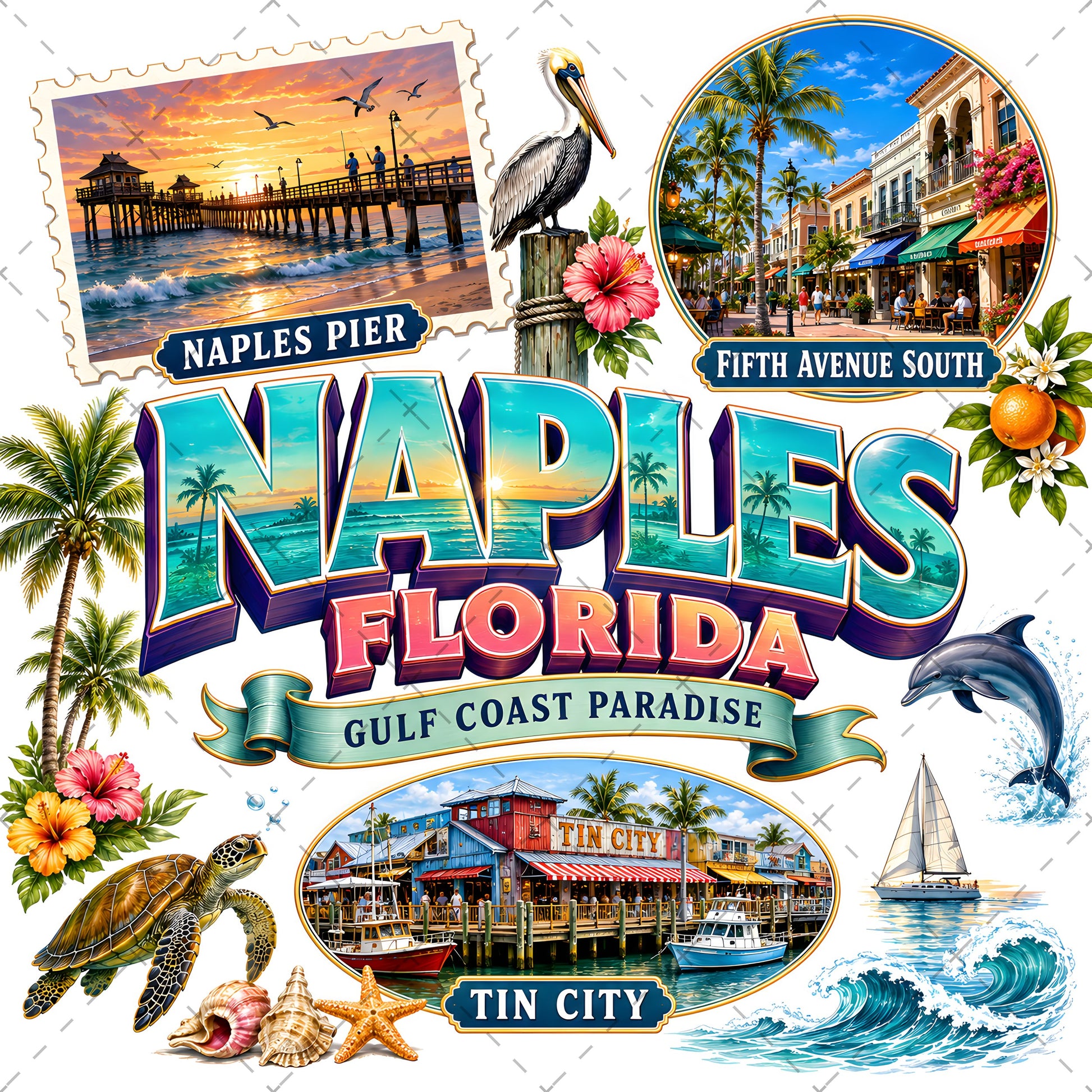 Naples Florida PNG Gulf Coast Landmarks Travel Souvenir Collage Sublimation T-Shirt Design Commercial Use Download