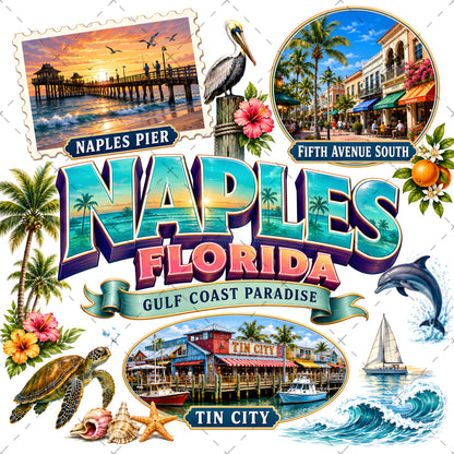 Naples Florida PNG Gulf Coast Landmarks Travel Souvenir Collage Sublimation T-Shirt Design Commercial Use Download
