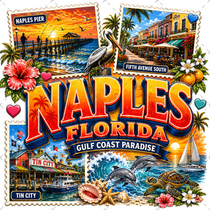 Naples Florida PNG Gulf Coast Landmarks Travel Souvenir Collage Sublimation T-Shirt Design Commercial Use Download