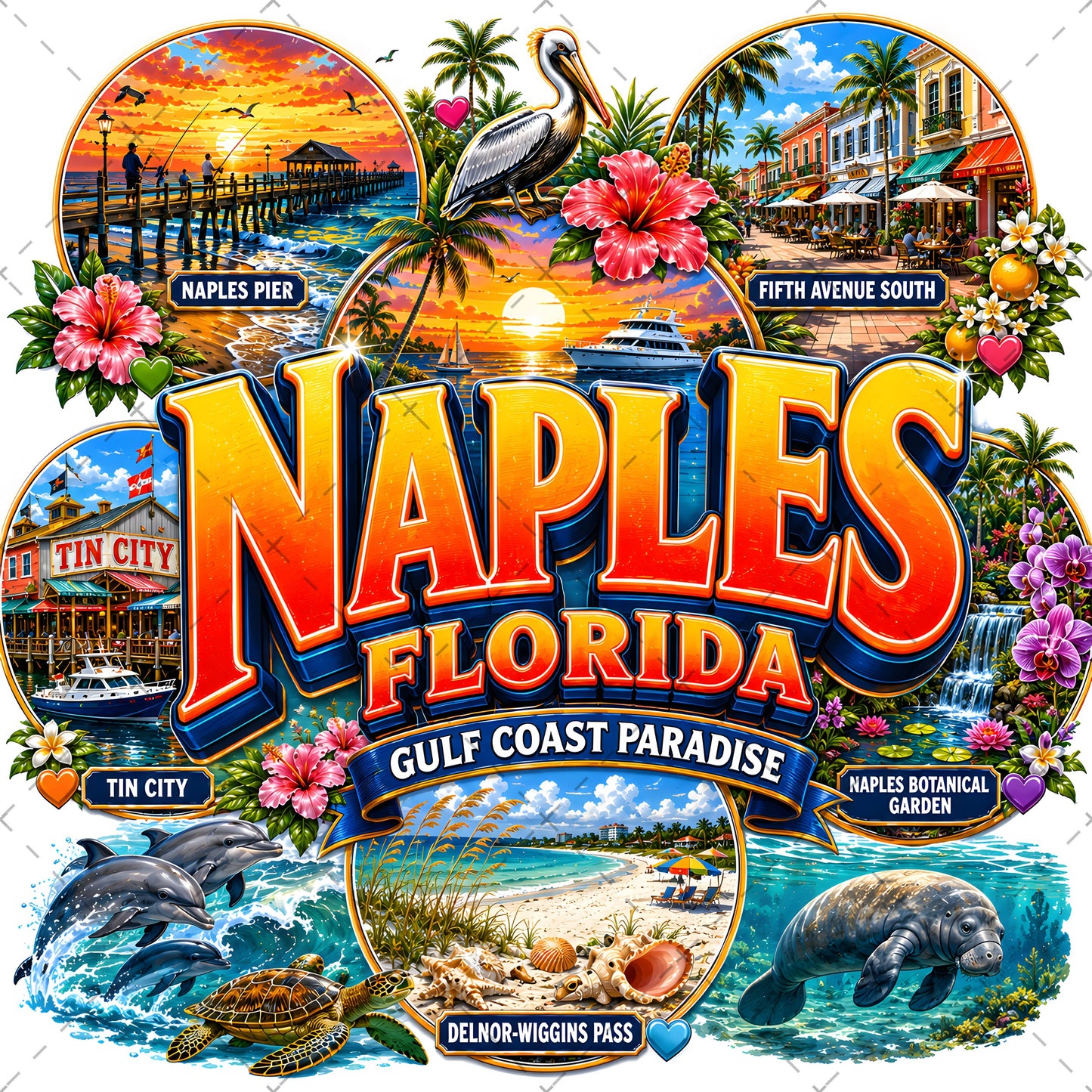 Naples Florida PNG Gulf Coast Landmarks Travel Souvenir Collage Sublimation T-Shirt Design Commercial Use Download
