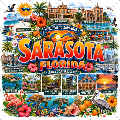 Sarasota Florida Travel Poster, Landmark Collage Wall Art, Florida Souvenir Print, Instant Digital Download PNG