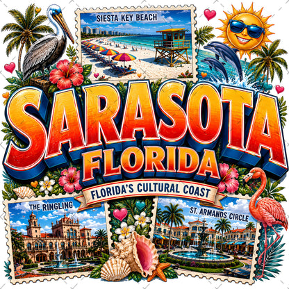 Sarasota Florida Travel Poster, Landmark Collage Wall Art, Florida Souvenir Print, Instant Digital Download PNG