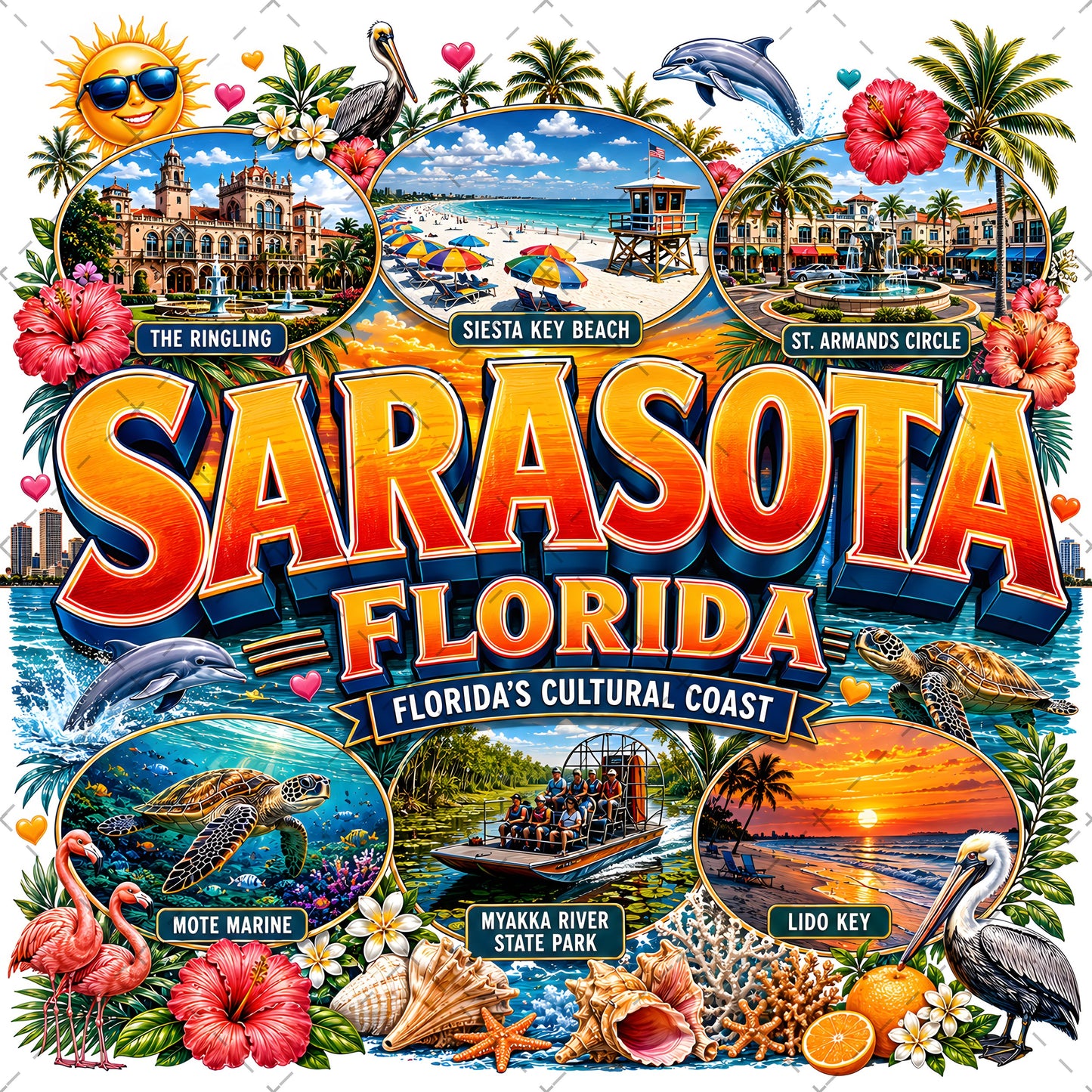 Sarasota Florida Travel Poster, Landmark Collage Wall Art, Florida Souvenir Print, Instant Digital Download PNG