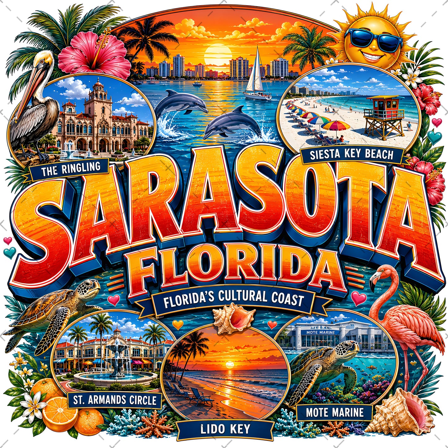 Sarasota Florida Travel Poster, Landmark Collage Wall Art, Florida Souvenir Print, Instant Digital Download PNG
