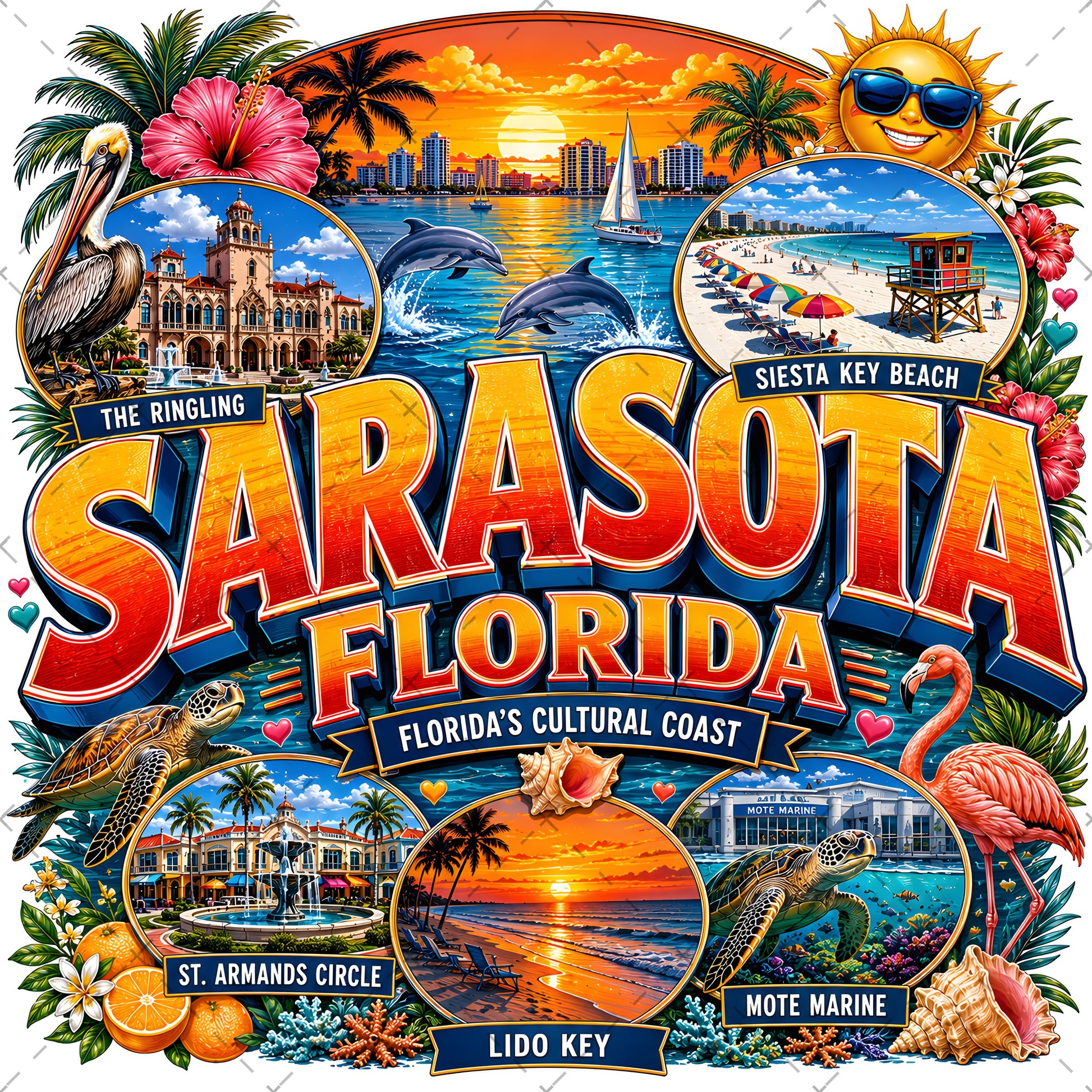 Sarasota Florida Travel Poster, Landmark Collage Wall Art, Florida Souvenir Print, Instant Digital Download PNG
