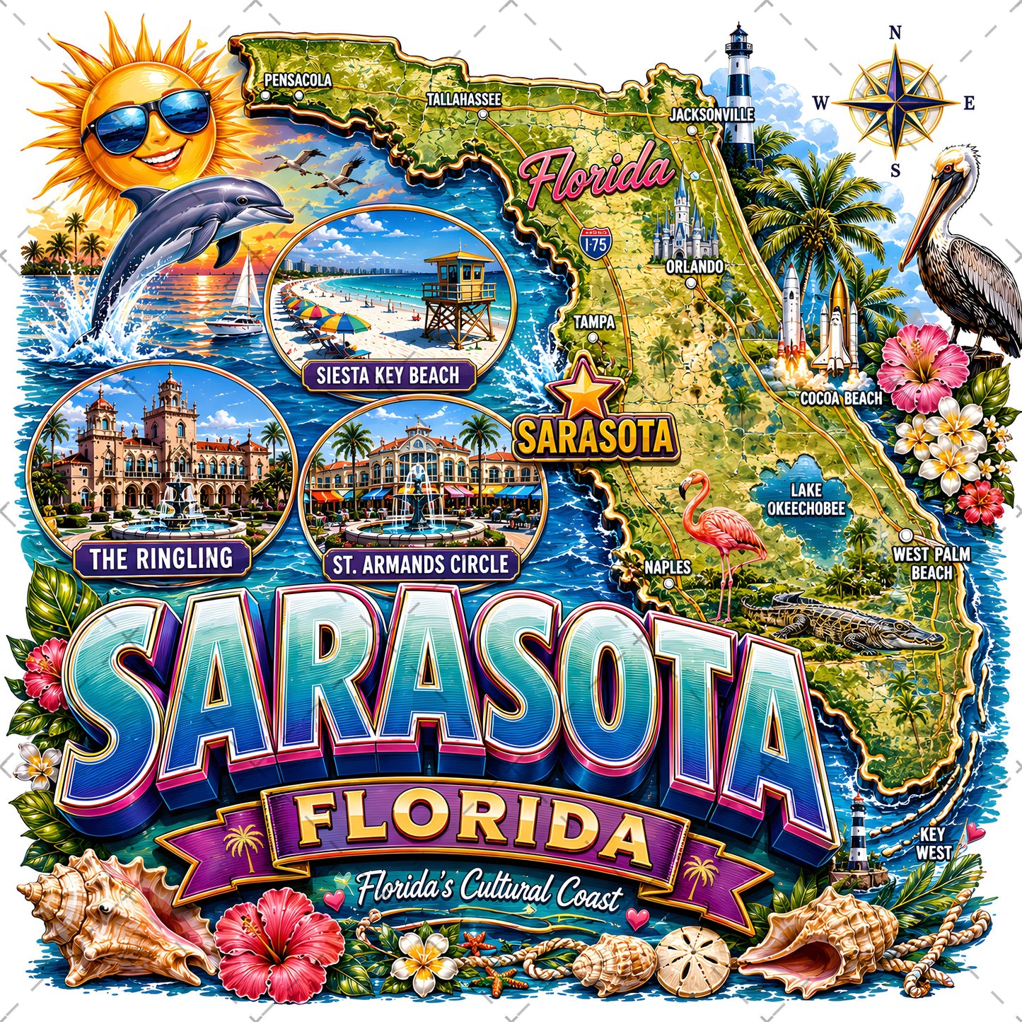 Sarasota Florida Travel Poster, Landmark Collage Wall Art, Florida Souvenir Print, Instant Digital Download PNG